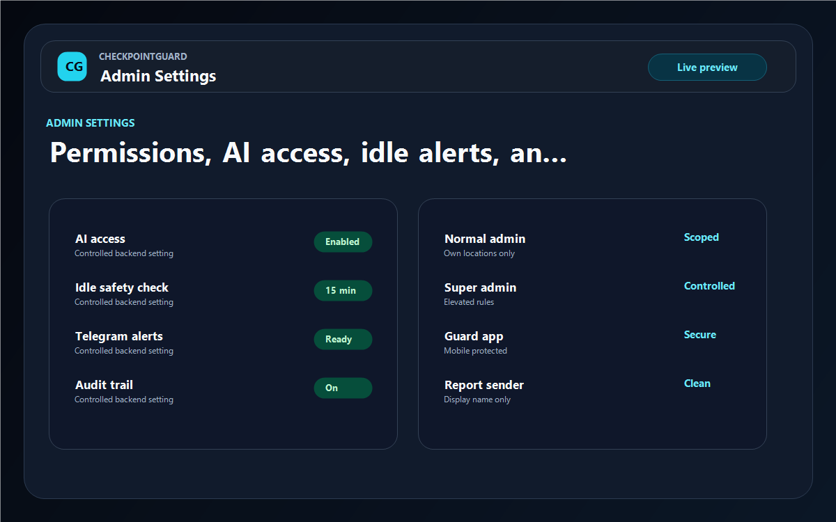 CheckpointGuard admin settings dashboard