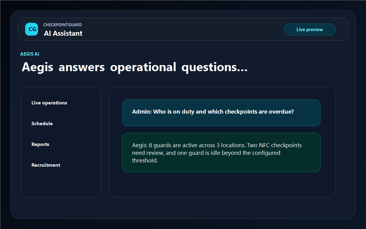 CheckpointGuard Aegis AI operations assistant dashboard
