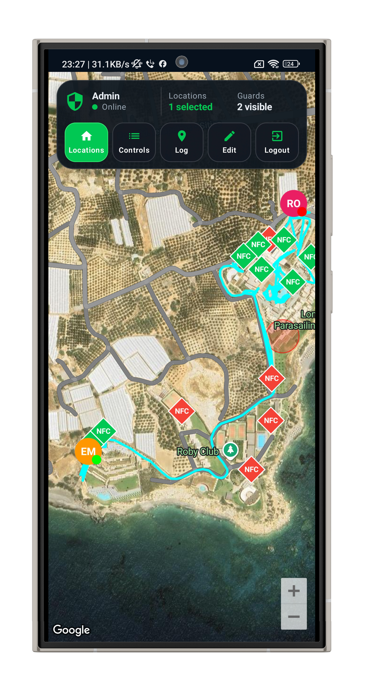 CheckpointGuard Android admin app showing live guard map, NFC checkpoints, geofences, SOS status, logs, and Aegis AI access.