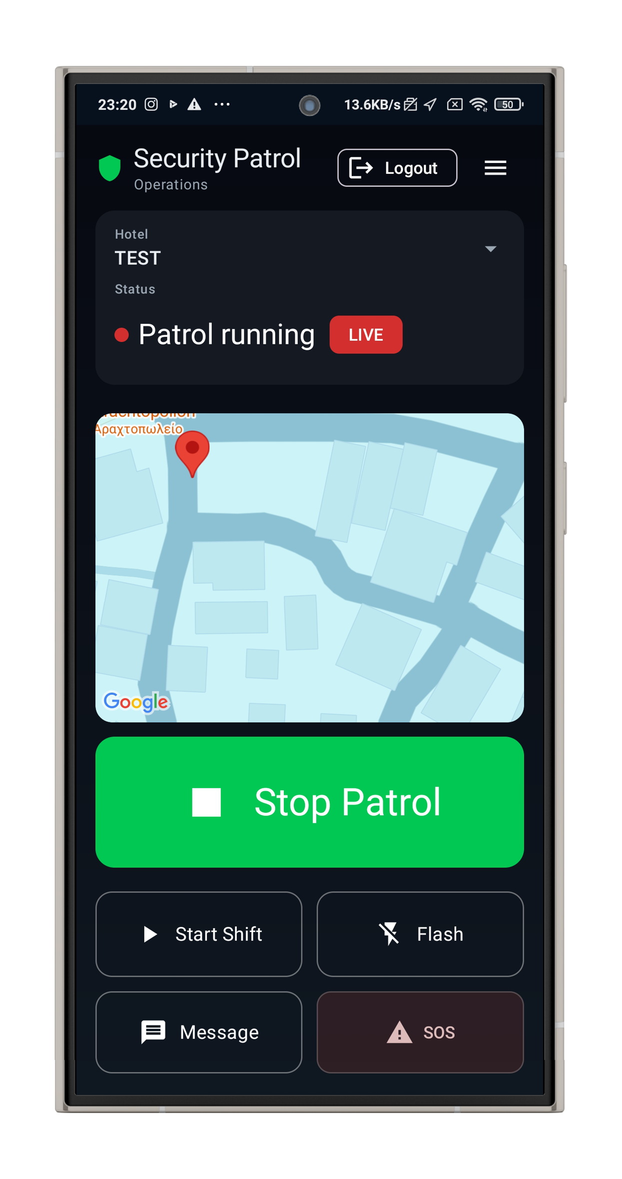 CheckpointGuard Android guard patrol app showing active patrol status, hotel selection, live map, stop patrol button, SOS, messages, flash, and shift controls.