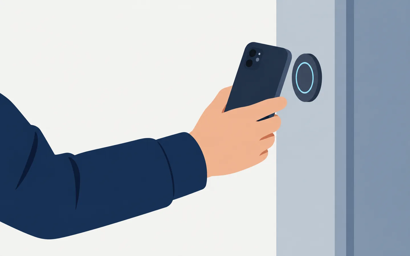 Illustration einer Wachkraft mit Android-Smartphone neben einem NFC-Kontrollpunkt-Tag