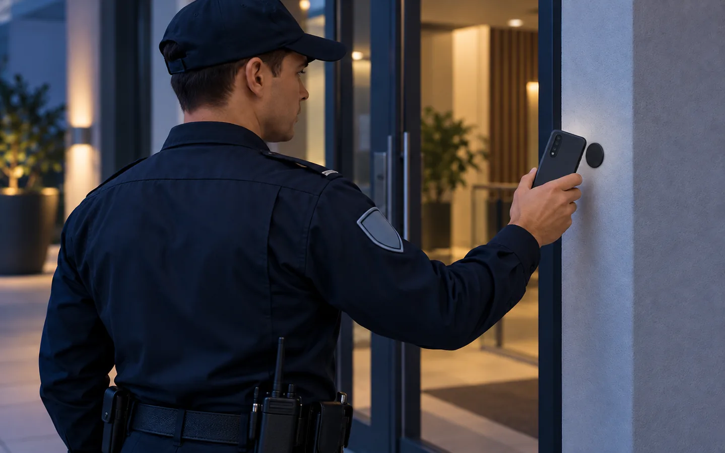 Illustration einer Wachkraft, die an einem Eingang einen NFC-Kontrollpunkt-Tag mit dem Smartphone scannt