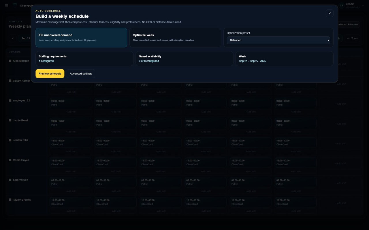 Controlli CheckpointGuard per la proposta automatica di turni con un clic