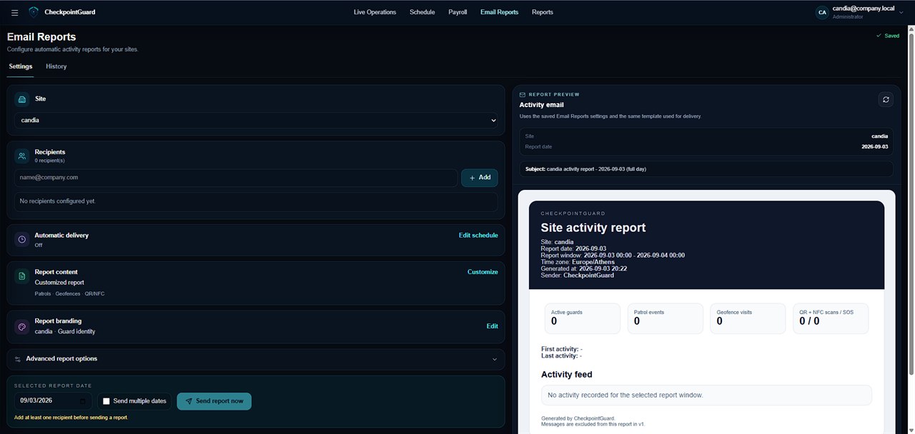 CheckpointGuard automatic email report scheduler and client report preview