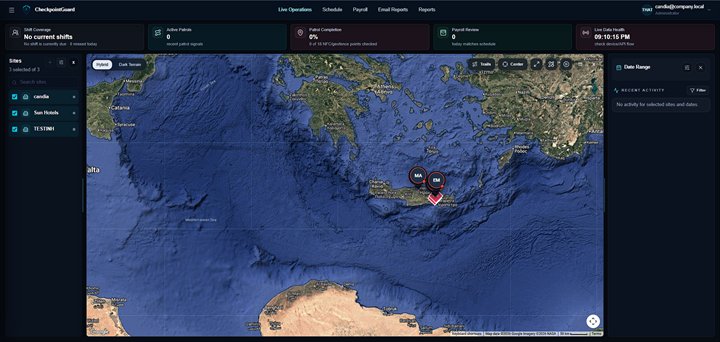CheckpointGuard Live Operations dashboard with guard status, site list, map and recent activity