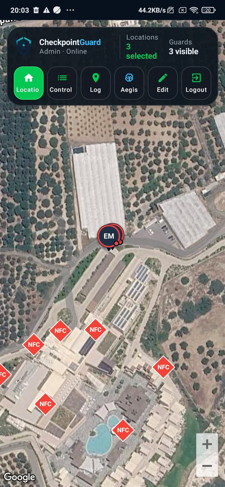 Εφαρμογή επόπτη CheckpointGuard για Android με ζωντανό χάρτη φυλάκων και θέσεις σημείων NFC