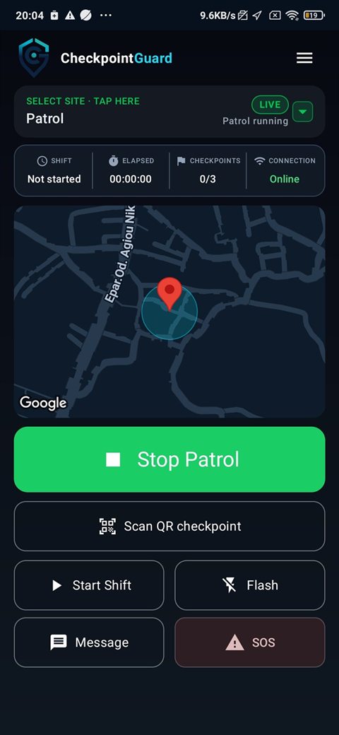 CheckpointGuard Android patrol screen with checkpoint count, QR scan and patrol controls