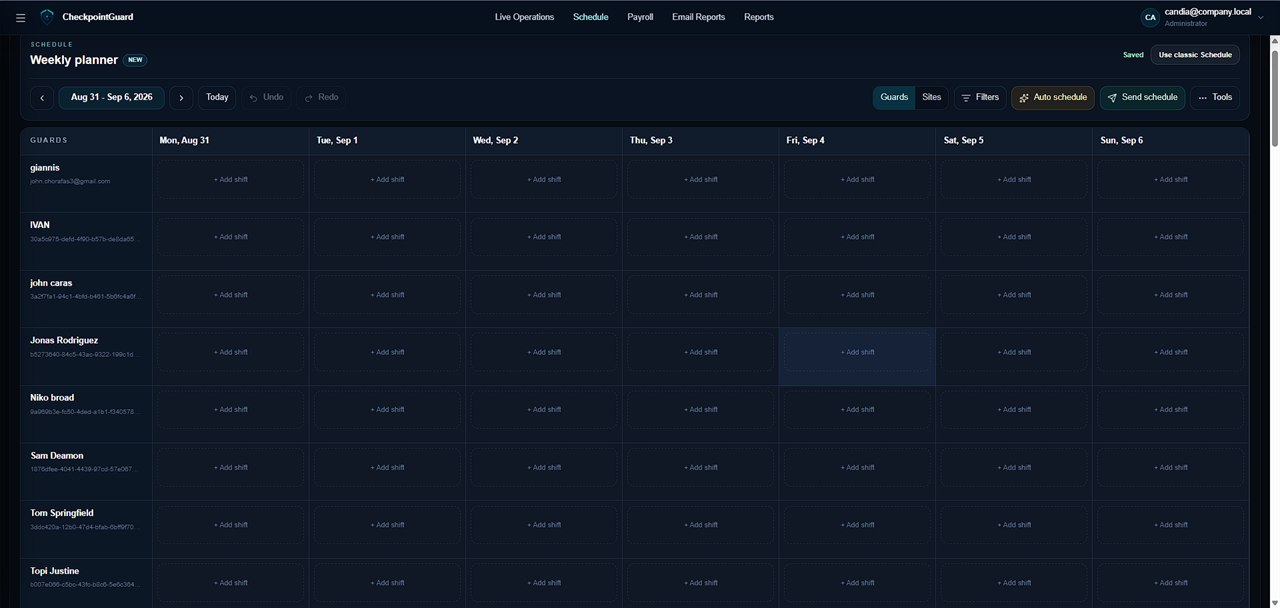 CheckpointGuard weekly security guard schedule planner