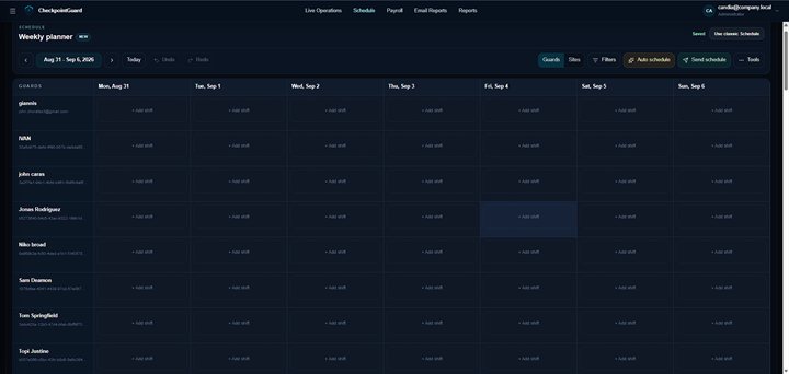 CheckpointGuard weekly security guard schedule planner